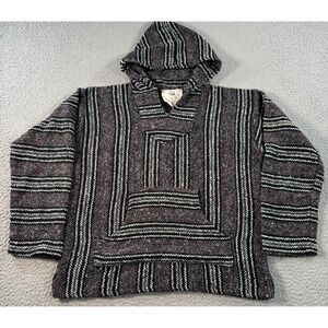 Vintage Oxxi Craft Mexican Baja Hoodie Men's Medium Gray Striped Drug Rug Poncho